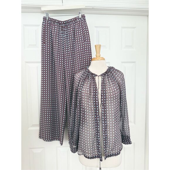 Weekend Max Mara Red Blue Geometric Silk Top Blouse & Wide Fit Pants Set Size 8 - Picture 1 of 9
